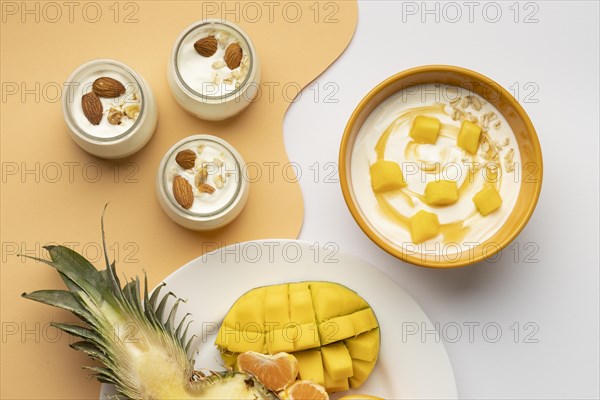 Flat lay arrangement delicious breakfast meal with yogurt