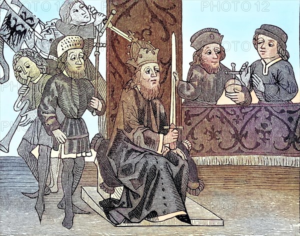 Burgrave Frederick kneeling in front of the Emperor and holding the feudal flag which has just been preserved