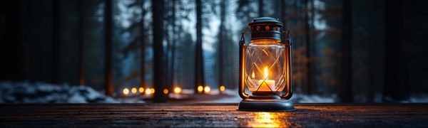 Warm and inviting lit vintage lantern resting on wood planks base outdoors in a winter setting. generative AI