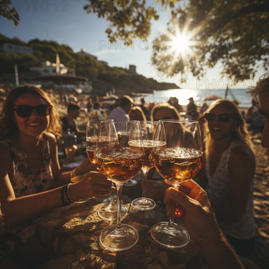 Young cheerful people toast each other with glasses raised
