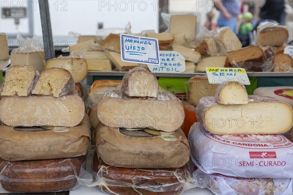 Market stall with different kinds of cheese