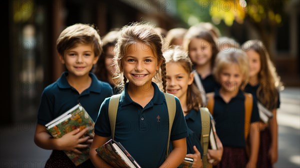 Happy and excited young children students walking on the campus of their school