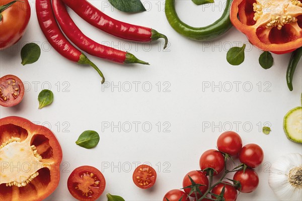 Top view bell pepper with tomatoes chili peppers