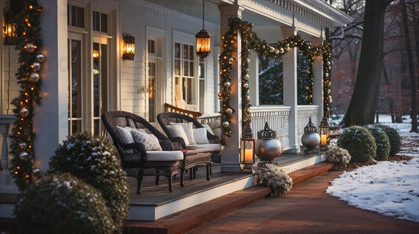 Beautiful christmas decorated front door and porch of a house on a winter evening. generative AI
