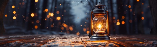 Warm and inviting lit vintage lantern resting on wood planks base outdoors in a winter setting. generative AI