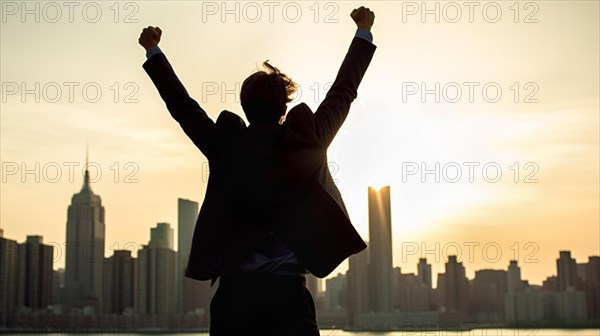 Excited businessman celebrates with his fists in the air with the city in the background