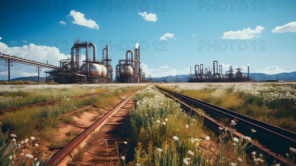 Flowers grow between the train tracks