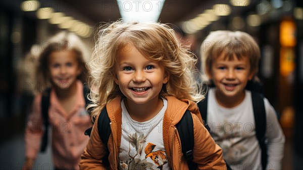 Excited young children laughing and running down the hallway of thier school