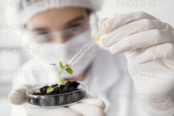 Close up scientist watering plant