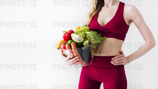 Diet concept with sport woman healthy food