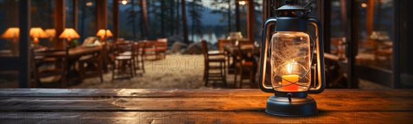 Warm and inviting lit vintage lantern resting on wood planks base outdoors in a mountain restaurant setting banner. generative AI