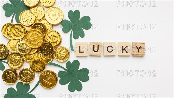 Flat lay clovers gold coins