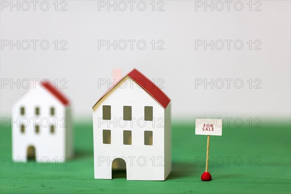 Miniature house model near sale tag green textured desk against white backdrop