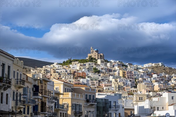 View of the town of Ermoupoli with pastel-coloured houses