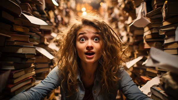 Young girl student sitting stunned and overwhelmed amidst a never ending pile of books and papers surrounding him