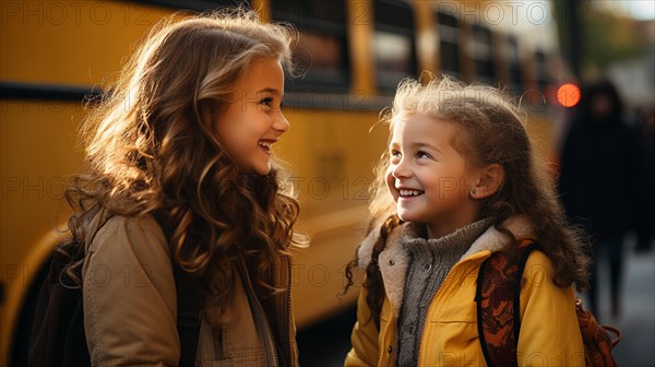 Two young student girlfriends wearing backpacks laughing near the school bus