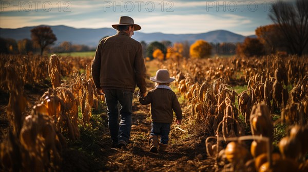 Farmer father and young son walking amidst the crops in the fall