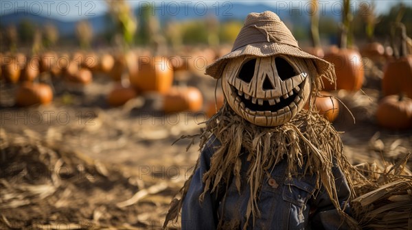 Spooky halloween scarecrow figure amidst the pumpkins in the field