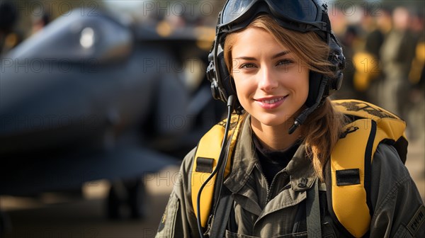 Mixed-race female fighter pilot soldier standing outside her military fighter jet