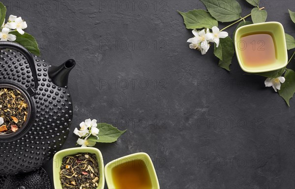 High angle view dry leaves herb tea textured backdrop