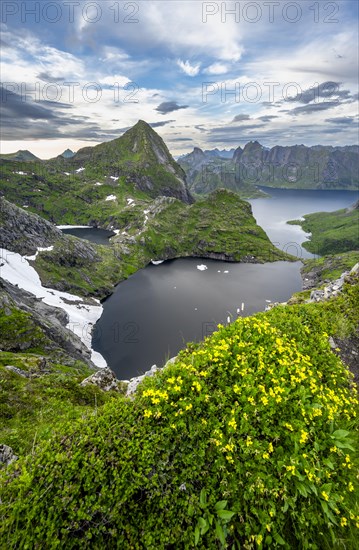 View over mountain landscape and lake Litlforsvatnet with fjord Forsfjorden