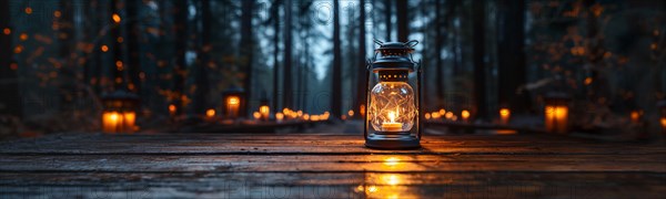 Warm and inviting lit vintage lantern resting on wood planks base outdoors in a winter setting. generative AI