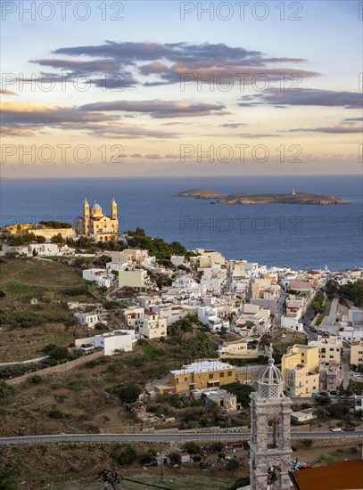 View of the town of Ermoupoli with Anastasi Church or Church of the Resurrection at sunset