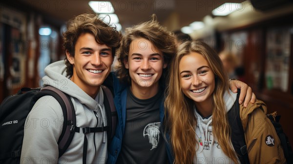 Happy and excited teenaged students walking down the hallway of their school