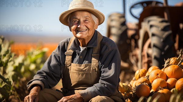 Pumpkin farmer amidst his pumpkin harvest on a fall day