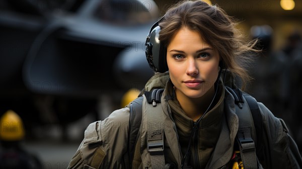 Female fighter pilot soldier standing outside her fighter jet