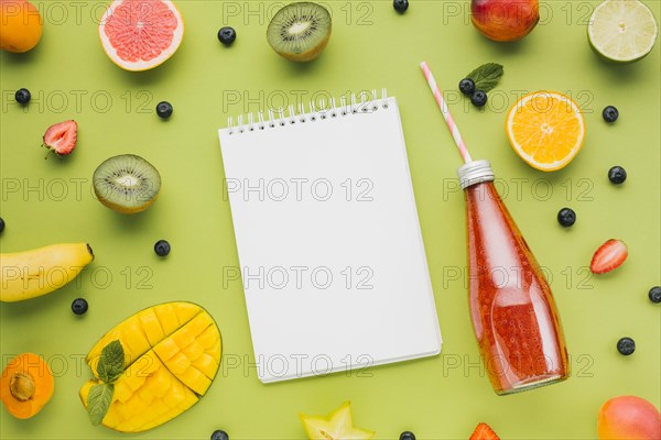 Fresh colorful flat lay with fruit juices