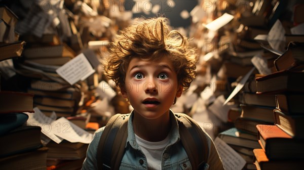 Young boy student sitting stunned and overwhelmed amidst a never ending pile of books and papers surrounding him