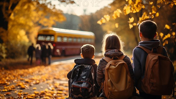 Young children wearing backpacks walking to the school bus on a fall morning