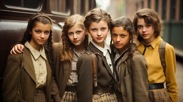 Retro style nastalgic young girls standing near the school bus