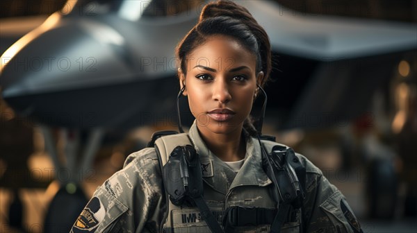 Female african american fighter pilot soldier stands outside her fighter jet