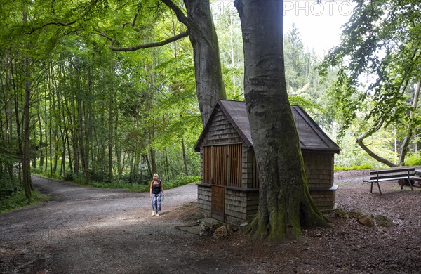 Hiker at the Way of the Cross to the Lugenz Wooden Chapel