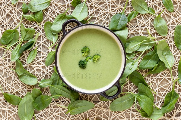 Flat lay homemade soup broccoli spinach