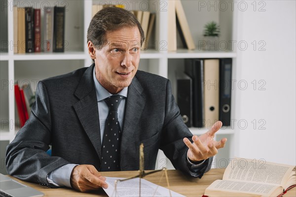 Mature lawyer having conversation court room