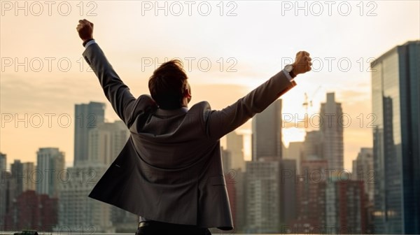 Excited businessman celebrates with his fists in the air with the city in the background