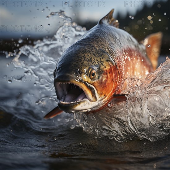 Salmon trout jumps out of the water