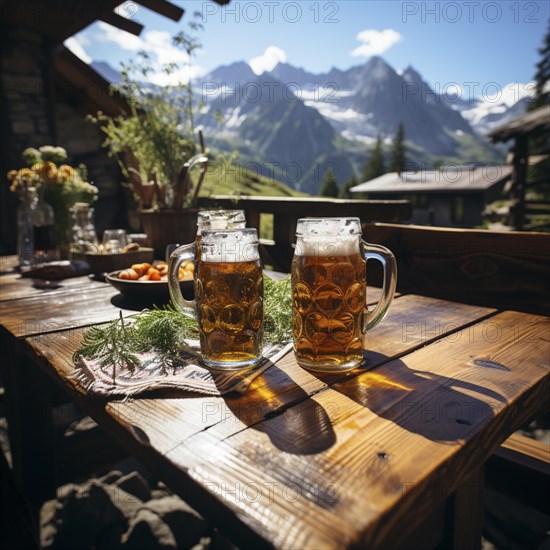 Beer and snacks in an alpine hut in the mountains