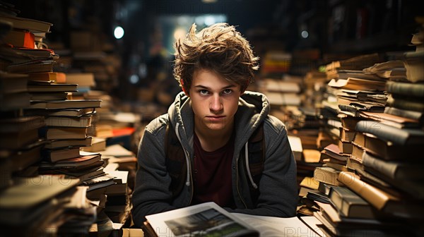 Young boy student sitting stunned and overwhelmed amidst a never ending pile of books and papers surrounding him