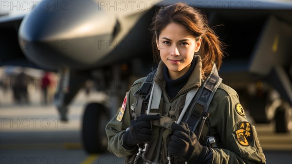 Mixed-race female fighter pilot soldier standing outside her military fighter jet