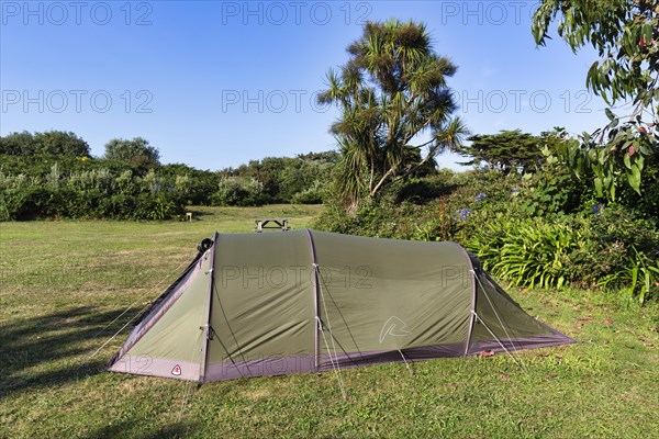 Green tunnel tent in a meadow