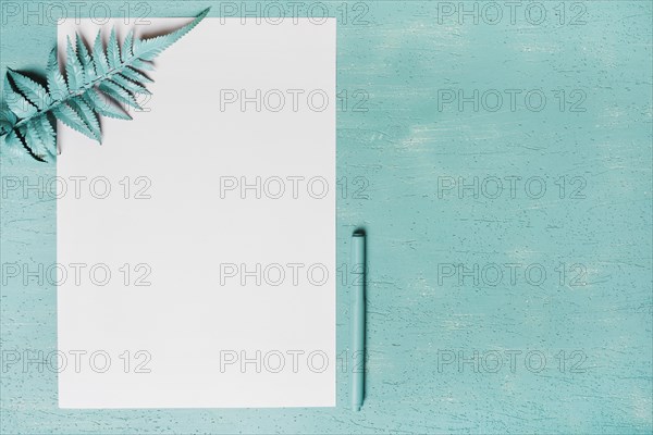 Green fern leaves paper pen against turquoise background