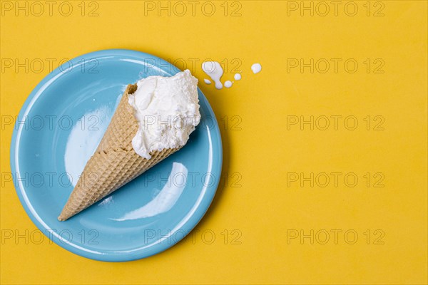 Blue plate white vanilla ice cream with copy space