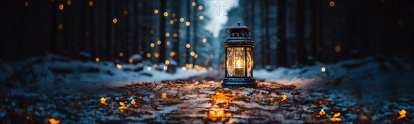 Warm and inviting lit vintage lantern resting on wood planks base outdoors in a winter setting. generative AI