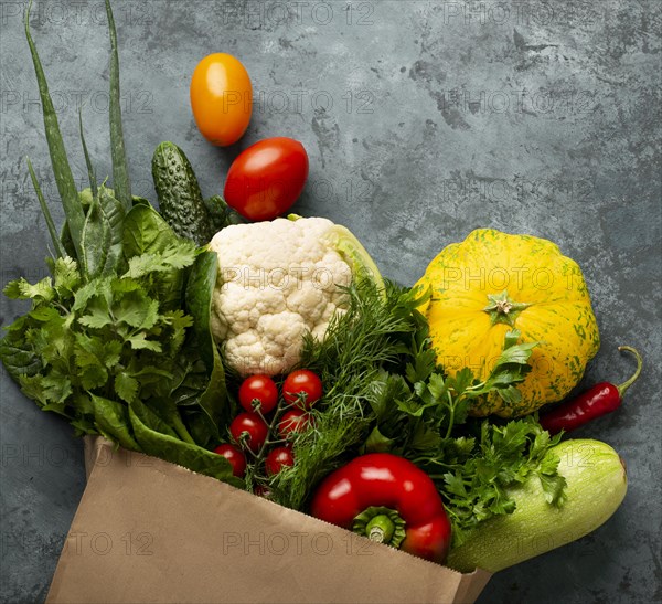 Flat lay vegetables stucco background