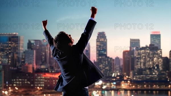 Excited businessman celebrates with his fists in the air with the city in the background