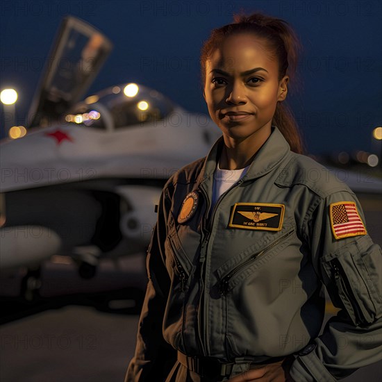 Proud young pilot stands in front of her F 35 fighter plane